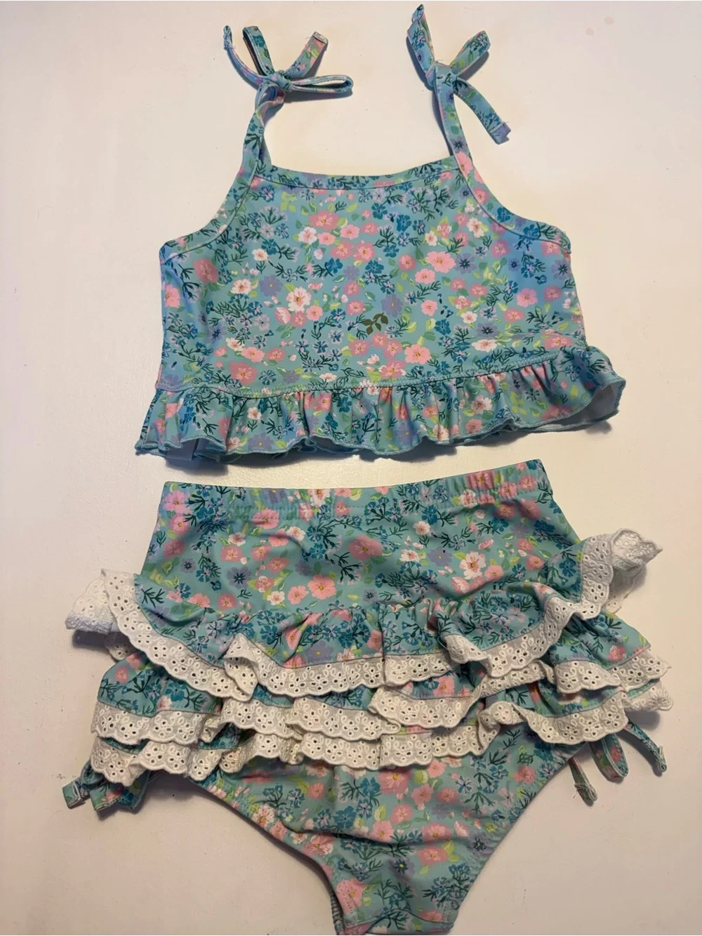 Floral Aqua Ruffle Two-Piece Kids Swim Set